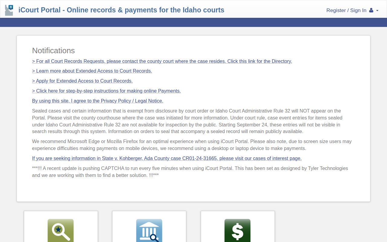 Idaho iCourt Smart Search landing page for court cases and warrant-event checks